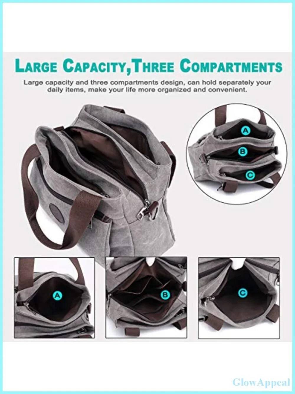 Canvas Hobo Crossbody Bag Women 3 Compartments Adjustable Strap